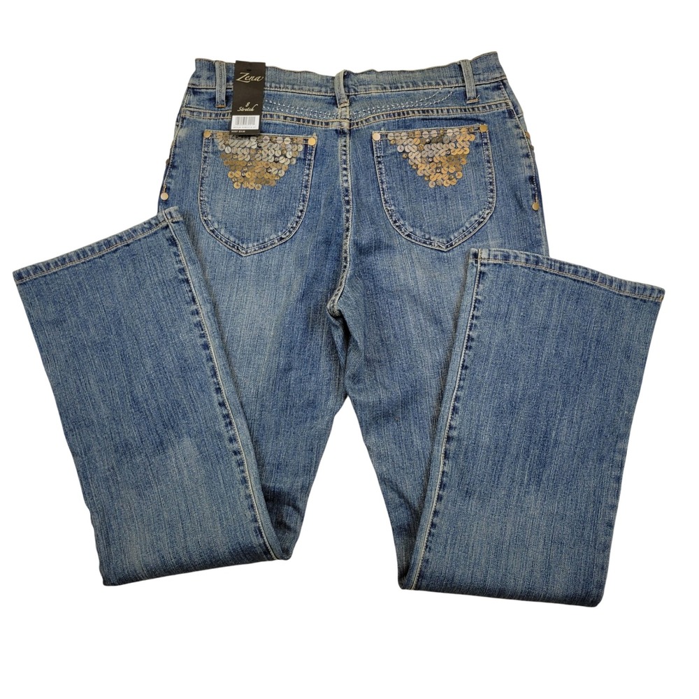 NWT Zena Jeans Womens‎ 8 Bootcut Embellished Gold Sequin Pockets Stretch Denim